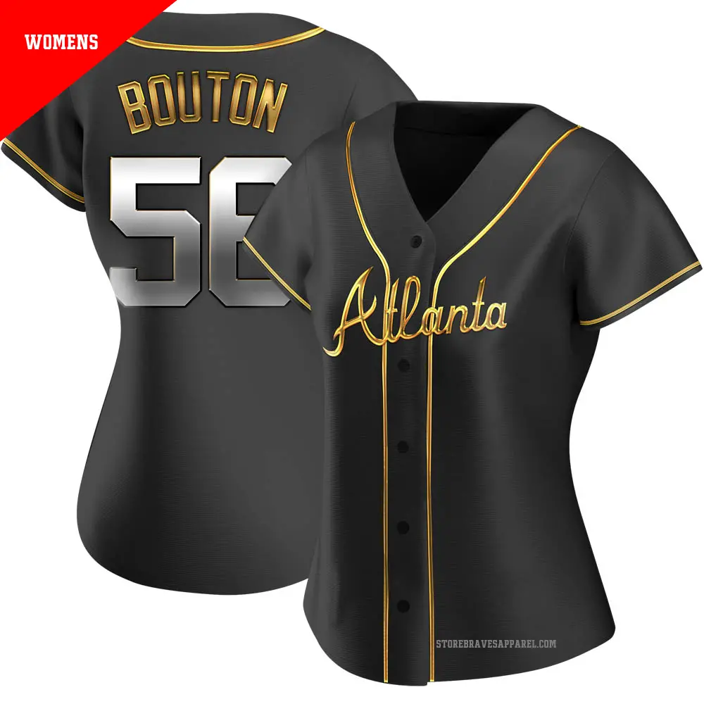 Women's ＃56 Jim Bouton Atlanta Braves Gold Replica Black en Alternate Jersey